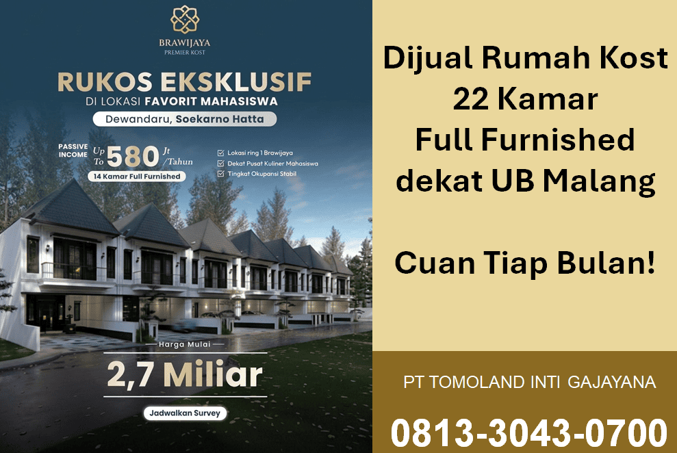 Jual Kost 22 Kamar Dekat UB Malang, Berapa Potensi Penghasilannya?