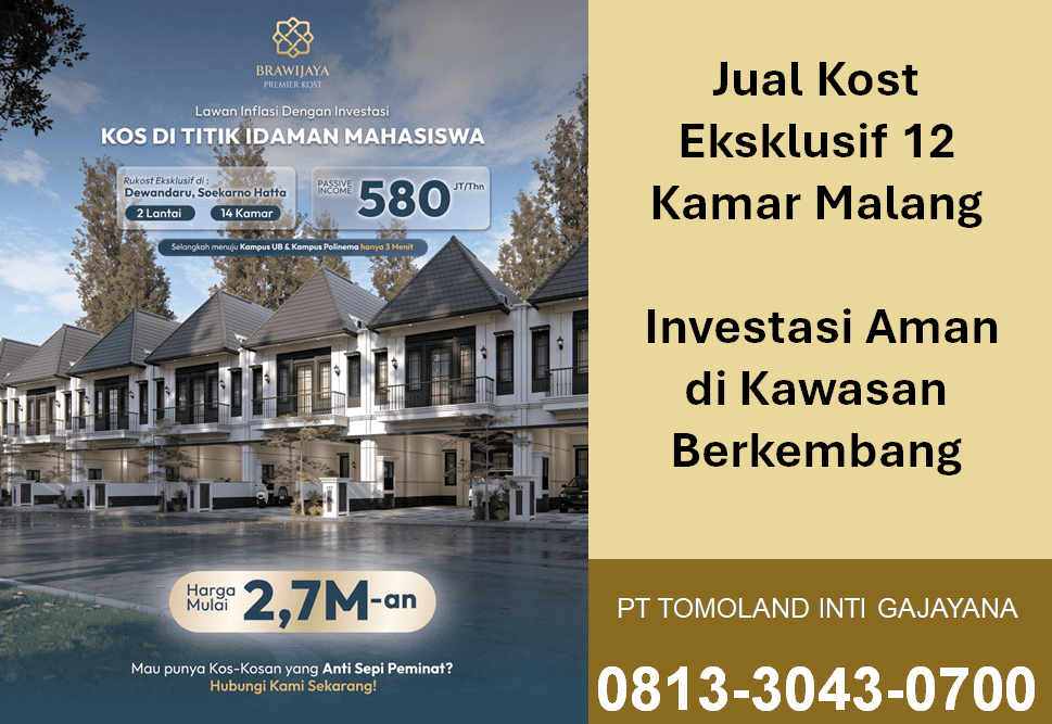 Jual Kost Eksklusif 12 Kamar di Malang Dekat Kampus UB dan Pusat Kota